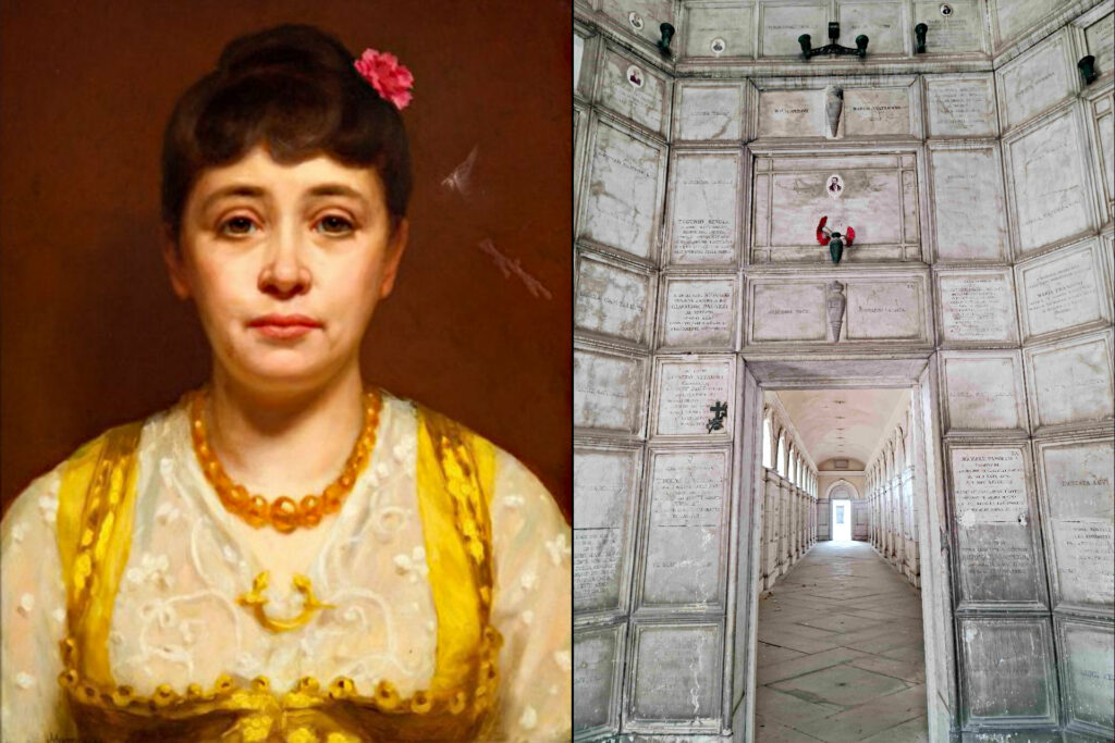 Visita guidata teatralizzata - Cimitero Vantiniano Immagine composta dal ritratto di Marietta Ambrosi e fotografia della sua tomba nel Cimitero monumentale Vantiniano di Brescia