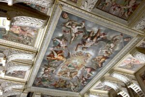 Visita guidata - Abbazia olivetana di San Nicola Riquadro centrale del soffitto dell'antirefettorio affrescato da Lattanzio Gambara nel Cinquecento. Abbazia olivetana di San Nicola a Rodengo Saiano in Franciacorta